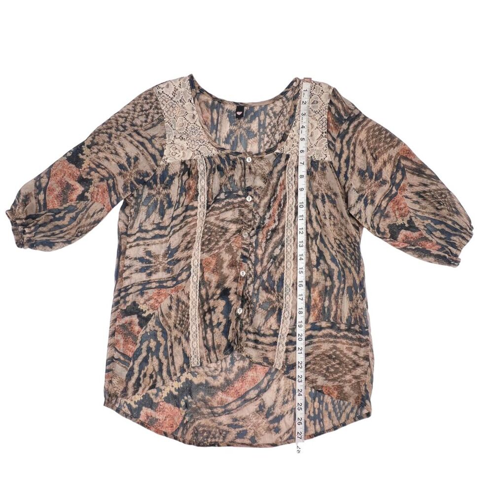 Love Squared Blouse 0X Abstract Print Lace Yoke Trim Sheer Boho Flowy Blouse - Picture 4 of 8